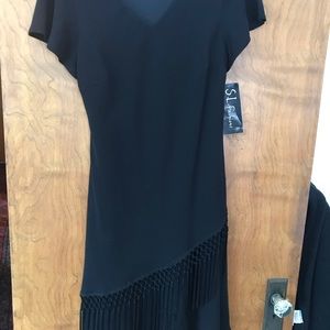 Black short sleeved fringed cocktail dress